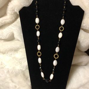 Vintage necklace black bead white stones gold